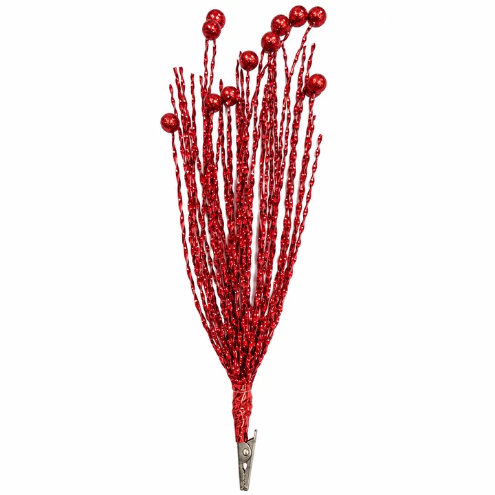 12" Red Foil Curly Spray with Berries & Clip