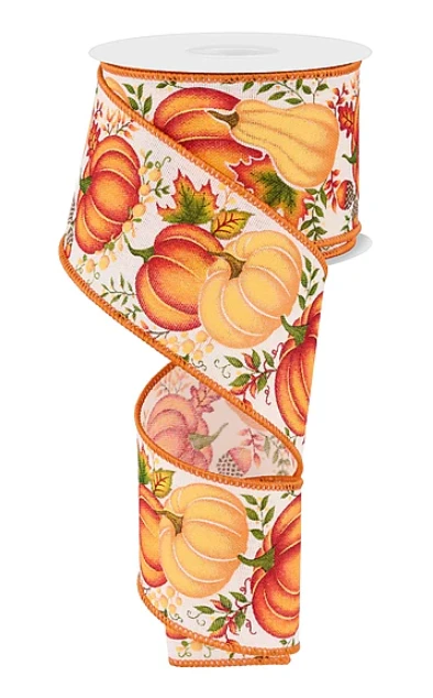Fall Pumpkin, Gourd, and Leaves Wired Ribbon 2.5"
