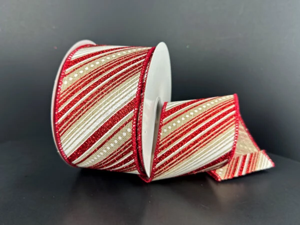 White and Red Diagonal Stripe Wired Ribbon 2.5"