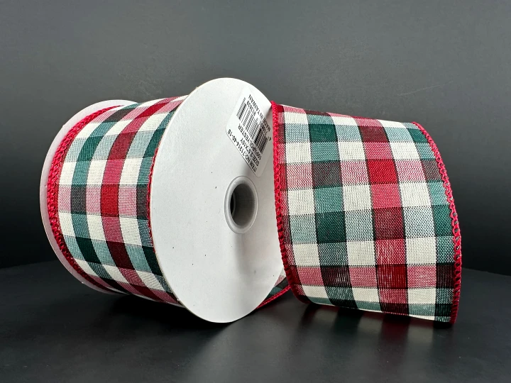 Red and Green Check Plaid Wired Ribbon 2.5"