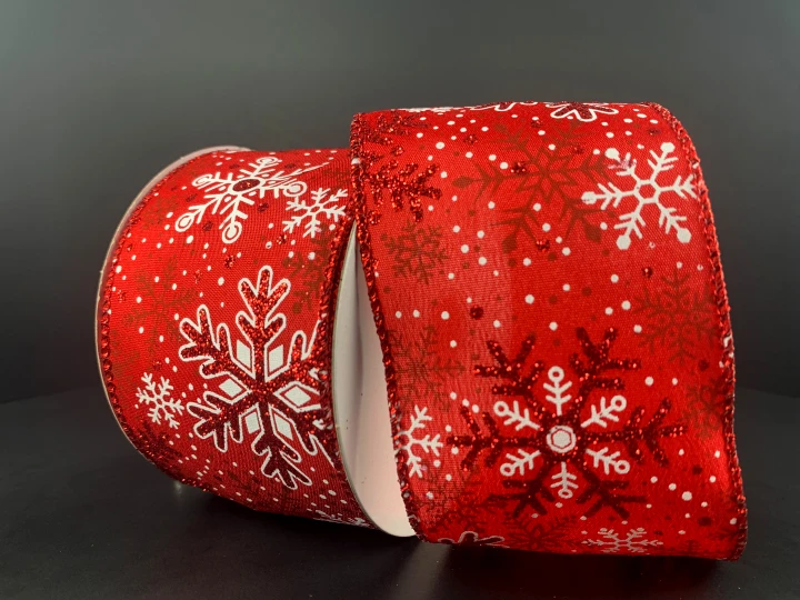 White & Red Glitter Snowflakes Wired Ribbon 2.5