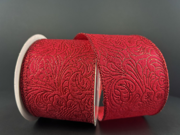 Red Floral Embossed Ribbon 2.5"