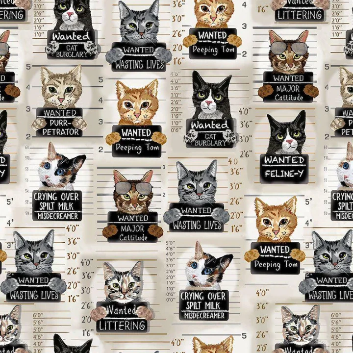 Meow You Doing? Cat Mugshots Cotton Fabric