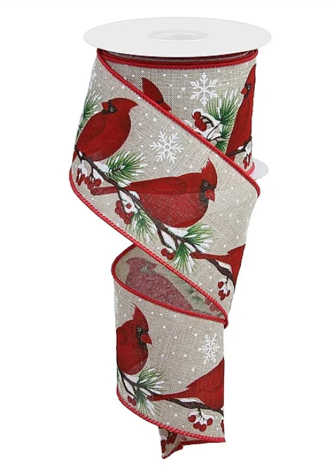 Cardinals on Snowy Branch Wired Ribbon 2.5"