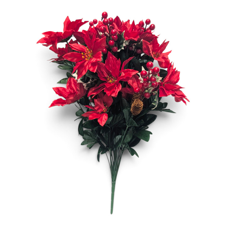 Red Poinsettia Bush with Red Berries, Pinecones & Mixed Greenery