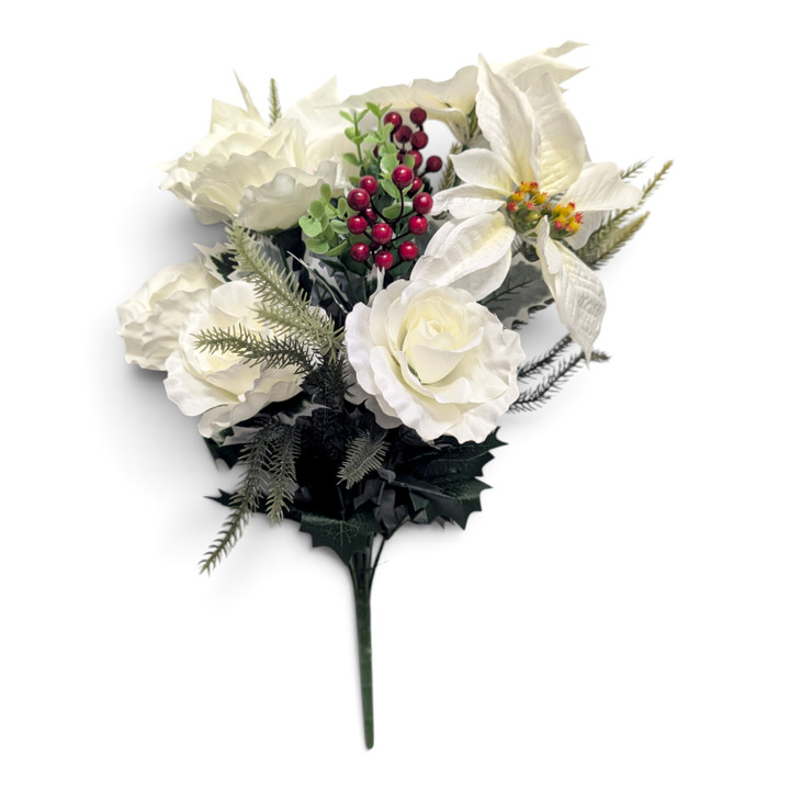 Ivory White Poinsettia & Rose Bush with Red Berries and Evergreen