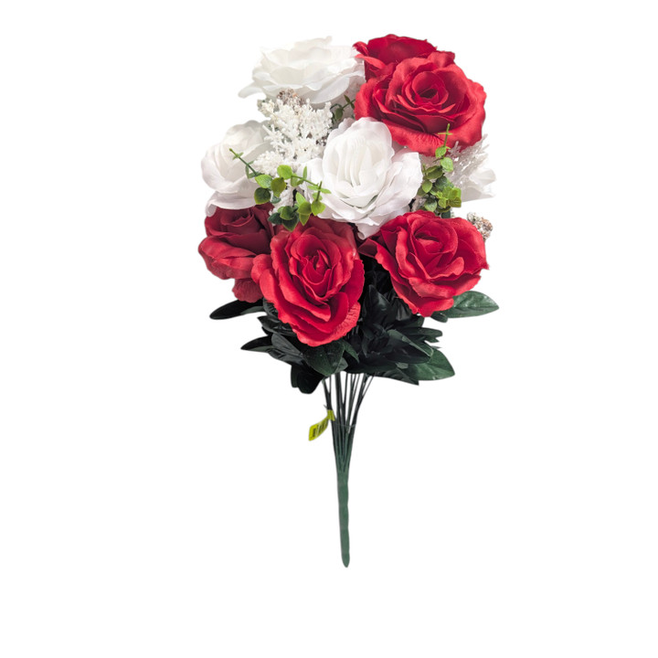 Red & White Rose Bush with Flocked Snowflakes, Frosted Pinecones and Greenery