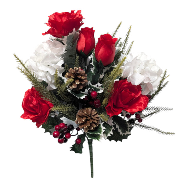 Red Rose & White Hydrangea Bush with Berries and Gold Pinecones
