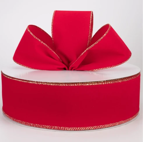 2.5" Holiday Red with Gold Wired Velvet Ribbon (25 Yards)