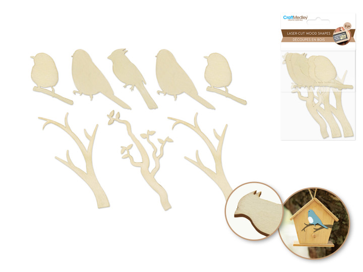 8ct Laser-Cut Wood Shapes - Birdies on Branch