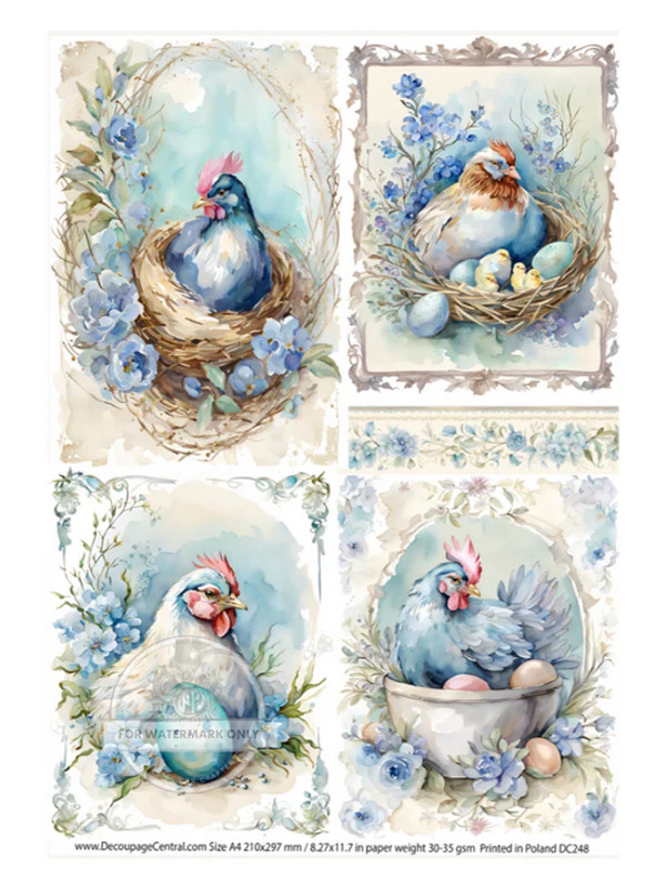 Rice Paper - Nesting Hens in Blue A4