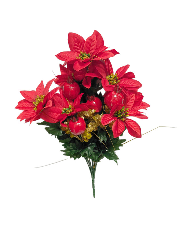 Red Poinsettia Bush with Pomegranate & Gold Accents