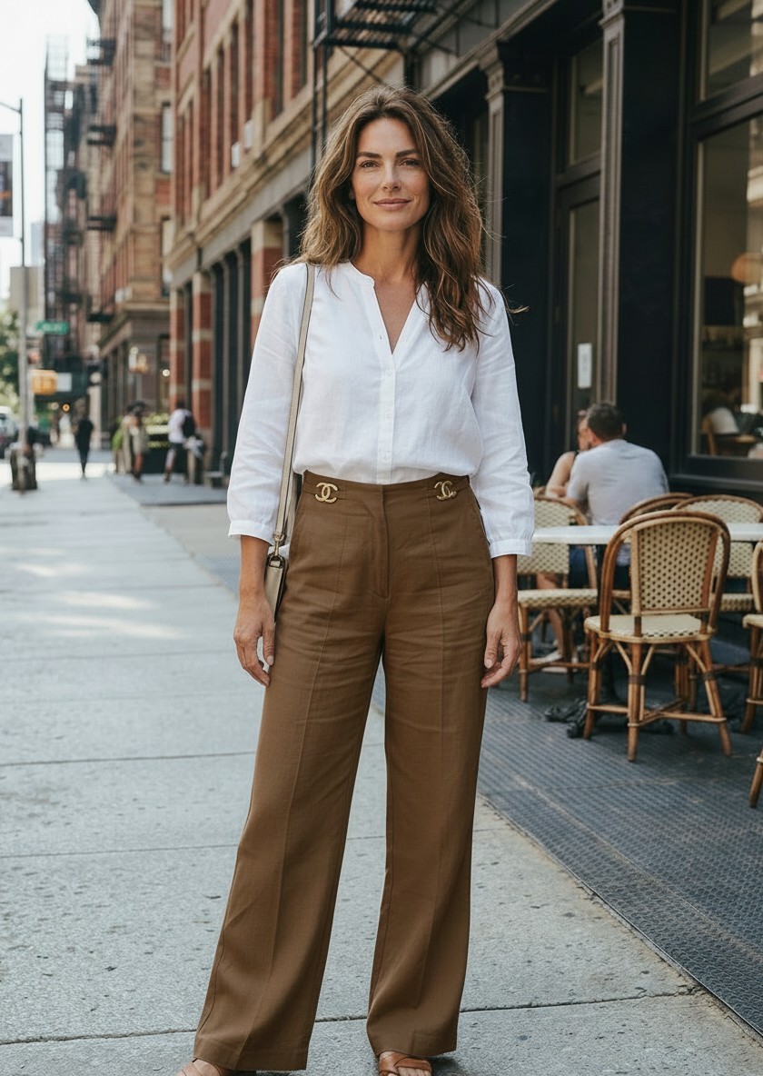High-Waisted Wide Leg Pants with Side Buckles & Back Elastic