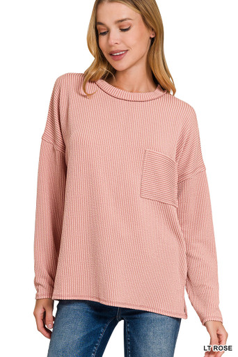Corded Rib Long Sleeve Drop Shoulder Top - Multiple Colors