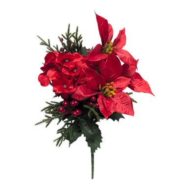 Red Poinsettia & Hydrangea Bush with Berries and Mixed Evergreens - Ben ...