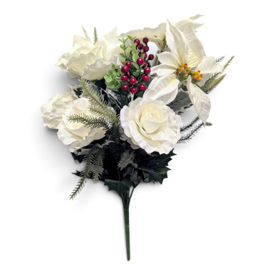 Ivory White Poinsettia & Rose Bush with Red Berries and Evergreen - Ben ...