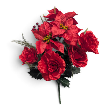 Red Poinsettia & Rose Bush with Holly Leaves, Red Berries & Evergreen ...