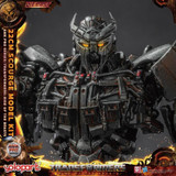 Transformers Scourge AMK Pro Series 22 CM Diecast & Electronic Transformers Model Kit, detailed close-up of the black and gray robot with glowing yellow eyes, intricate mechanical design, and fiery background.