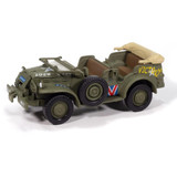 Johnny Lightning WWII Dodge WC57 Command Car Victory 1:64 Diecast, detailed miniature military vehicle with military markings, mounted spare tire, and a beige canvas top.
