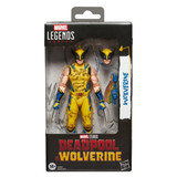 Marvel Wolverine 6-Inch (Hugh Jackman) Marvel Legends Action Figure Deadpool & Wolverine, collectible toy set in packaging with detailed Wolverine figure dressed in yellow and blue costume, includes interchangeable masks and accessories.