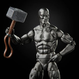 Marvel Silver Surfer with Mjolnir 6-inch Action Figure from Avengers Marvel Legends Series, depicting a detailed silver metallic figure of Silver Surfer wielding Thor's hammer, Mjolnir, with muscular anatomy and fierce expression, on a black background.
