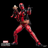 Marvel Dogpool and Deadpool Marvel Legends Deluxe Series Deadpool 6 Inch Action Figure, a detailed figure of Deadpool in a red and black suit holding a small dog figure in his arm.