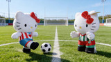 Hello Kitty Fiesta Sanrio Hello Kitty Soccer Plush 5 Inch Size, two Hello Kitty plush toys dressed in soccer uniforms on a soccer field with a soccer ball.