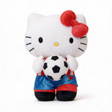 Hello Kitty Fiesta Sanrio Hello Kitty Soccer Plush 21 Inch Jumbo Size, white plush toy with a red bow, holding a black and white soccer ball, dressed in blue shorts with a red heart detail.