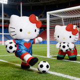 Hello Kitty Fiesta Sanrio Hello Kitty Soccer Plush 21 Inch Jumbo Size, plush toy of Hello Kitty dressed in soccer uniform playing with soccer Ball on a stadium soccer field.