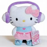 Hello Kitty Headphones Outfit and Suit Hello Kitty Sanrio 6 Inch Plush, a plush toy of Hello Kitty wearing her iconic pink bow, blue dress with a heart, pink skirt.