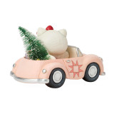 Disney Hello Kitty Christmas Car 4.5 Figurine by Jim Shore, white Hello Kitty figure with red bow in pink vintage-style convertible car with holiday details and a small Christmas tree inside.