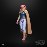 Star Wars Devon Izara Star Wars The Black Series Maul:Shadow Lord 6 Inch Action Figure, detailed action figure of a female character with a pink head covering, blue top, beige scarf, and brown boots, set against a black background.