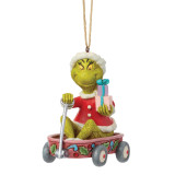 Enesco Grinch in Wagon Jim Shore 3.5" Hanging Ornament Collection 6018965, festive ornament of the Grinch sitting in a wagon with gifts, wearing a Santa hat and red suit, holiday decoration for Christmas.