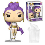Funko Rumi KPOP Demon Hunters Funko Pop! Vinyl Figure #2430, a collectible figure with purple hair styled in an elaborate updo, wearing a white and gold costume with gold jewelry and high boots, displayed with its original packaging and a clear protective box.