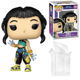Funko Zoey KPOP Demon Hunters Funko Pop! 4.1-Inch Vinyl Figure #2256, a stylized vinyl figure of Zoey with black hair, vibrant outfit, and colorful accessories, placed next to its box and a clear plastic stand.
