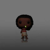 Funko Moana with Heart of Te Fiti GITD Disney Moana Funko Pop! 4-Inch Vinyl Figure #1765, glow-in-the-dark Moana figurine in tribal attire with dark curly hair, standing on a reflective surface.