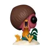 Funko Hei Hei with Coconut Disney Moana Funko Pop! 3.25-Inch (Heihei) Figure #1768, collectible toy featuring a stylized depiction of Hei Hei with a large coconut shell on his head, showing his colorful beak, wattle, and chicken feet.