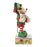 Disney Mickey Mouse Elf on Track Jim Shore 8 Inch Figurine Disney Traditions 6018712, decorative Christmas figurine of Mickey Mouse dressed as an elf holding a train, with festive holiday details.
