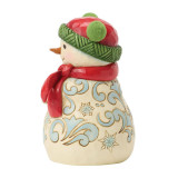 Disney Pom Pom Hat Snowman Jim Shore 5 Inch Figurine Heartwood Creek, decorated snowman figurine with a red pom pom hat, scarf, and ornate snowflake design on its body.