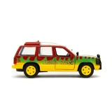 Jada Toys 1993 Ford Explorer Jurassic Park 30th Anniversary diecast model, colorful collectible toy vehicle with Jurassic Park logo and vibrant red, green, and yellow paint scheme.