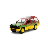 Jada Toys 1993 Ford Explorer Jurassic Park 30th Anniversary Jada Toys Hollywood Rides Diecast, colorful toy car with Jurassic Park branding and vibrant green, yellow, and red paint, detailed miniature design.