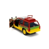 Jada Toys 1993 Ford Explorer Jurassic Park 30th Anniversary diecast car, toy model with open doors, featuring colorful Jurassic Park themed green, red, and yellow design.