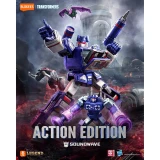 Blokees Soundwave Blokees Transformers Generation 1 Action Edition AE03 Model Kit, action figure set featuring Soundwave and Laserbeak robots in dynamic poses against a futuristic dystopian background.