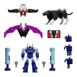 Blokees Soundwave Blokees Transformers Generation 1 Action Edition AE03 Model Kit, assembled robot and vehicle components with purple wings, black and gray wolf figure, blue robot, and various interlocking parts.