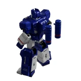 Blokees Soundwave Blokees Transformers Generation 1 Action Edition AE03 Model Kit, a detailed blue and gray robot model with cylindrical accessories attached to its arms.