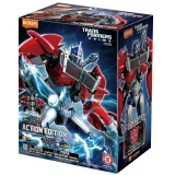 Blokees Optimus Prime Blokees Transformers Prime Action Edition AE06 Model Kit, colorful box featuring an image of Optimus Prime in robot form with lightning effects, 328 pieces, includes LED light-up chest feature.