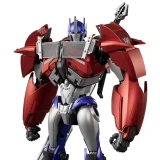 Blokees Optimus Prime Blokees Transformers Prime Action Edition AE06 Model Kit, highly detailed robot character with red, silver, and blue armor, featuring a dynamic pose with articulated limbs.
