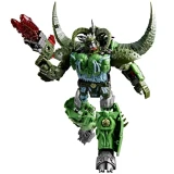 Transformers Liege Maximo Transformers Age of the Primes Thirteen Leader Class Action Figure, detailed green and black robot toy with large horns, red and gray weapons, and intricate mechanical design.