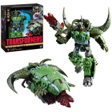 Transformers Liege Maximo Transformers Age of the Primes Thirteen Leader Class Action Figure, highly detailed green and gray robot with large horns and spikes, holding a red weapon, and a matching green beast mode with claws and teeth.