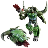 Transformers Liege Maximo Transformers Age of the Primes Thirteen Leader Class Action Figure, detailed green and black robot with large horns, holding a red weapon, and a separate green dragon-like figure with red mouth and textured body.